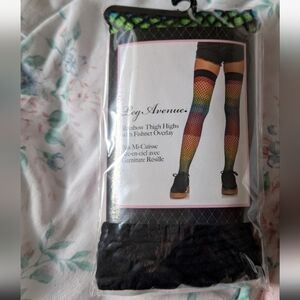 NWT Leg Avenue Rainbow Thigh Highs with Fishnet Overlay